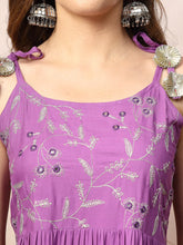 Women's Embroidered Cotton Tiered Kurta with Dupatta-PURPLEZINGLE